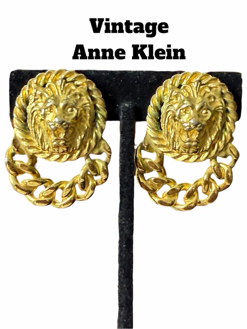 Vintage AuthenticAnne Klein Lion Door Knocker Clip On Earrings Chunky Gold Tone